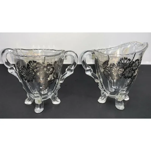 VIKING GLASS #42  Four Toed Open Sugar & Creamer SILVER CITY Springtime Overlay - Picture 3 of 10
